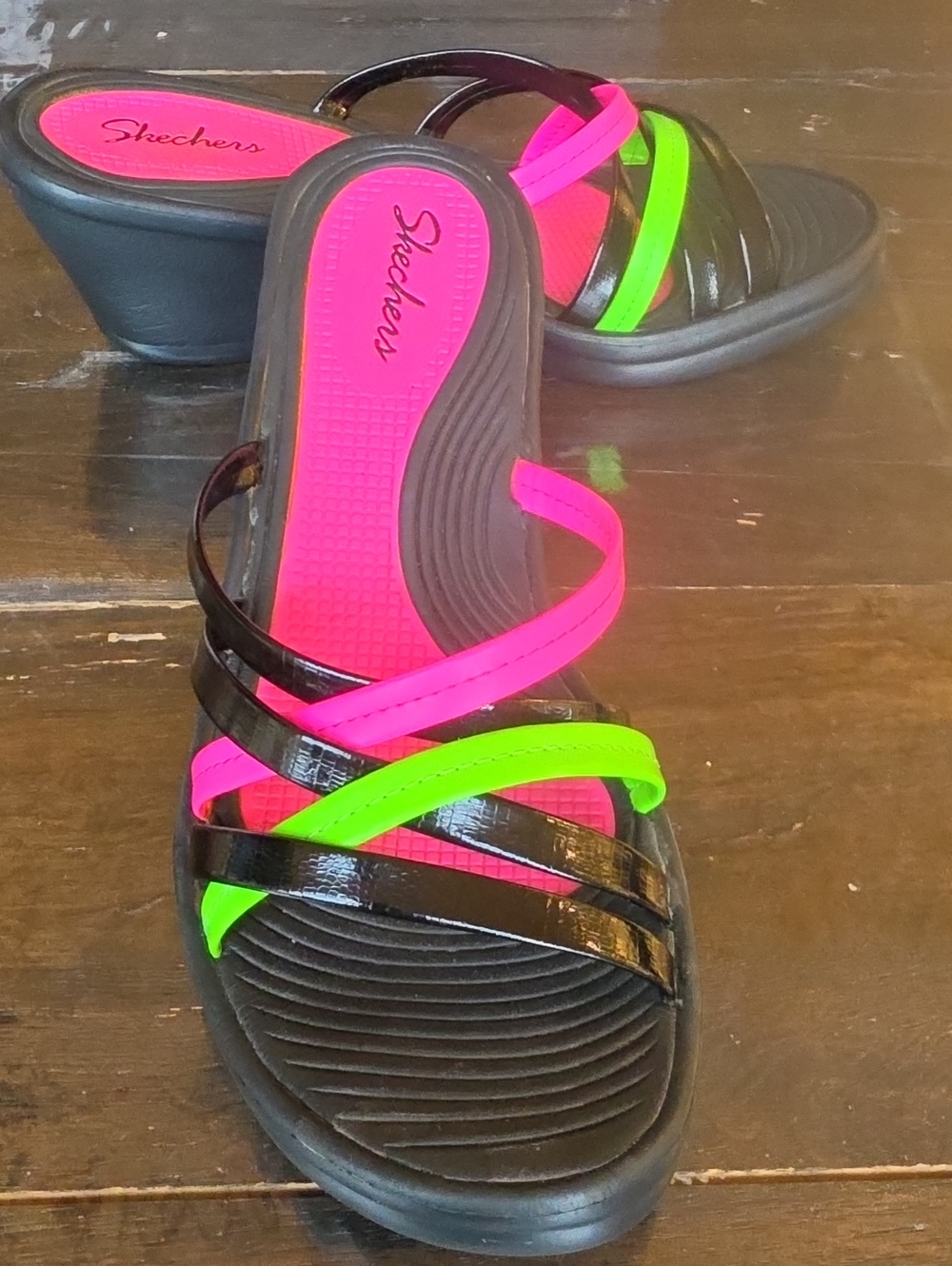 (8) Skechers Women's Black Sandal Wedge Slides Hot Pink & Neon Green 80s 90s Wow